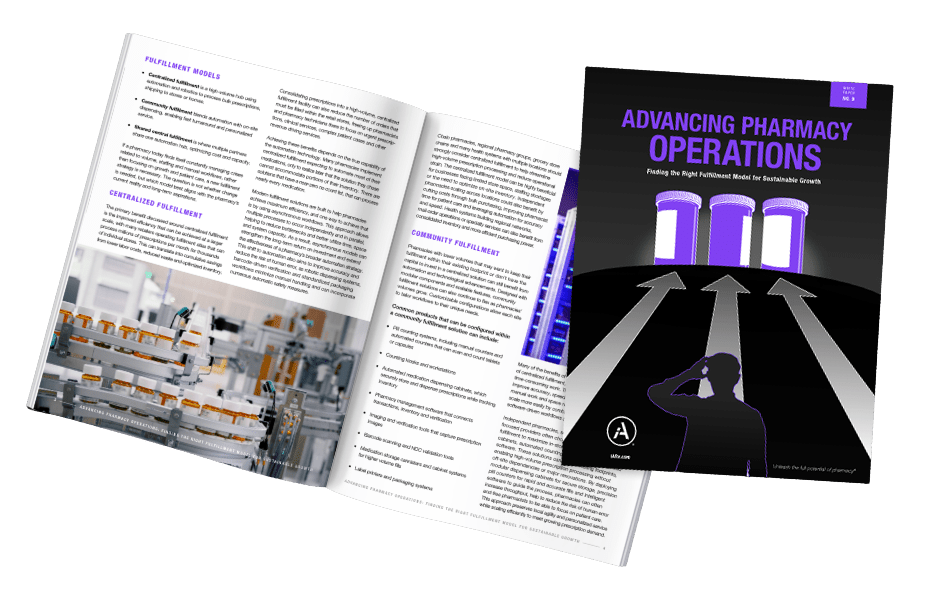 Brochure cover showing a silhouette walking toward three glowing purple doors, next to an open booklet with text and images