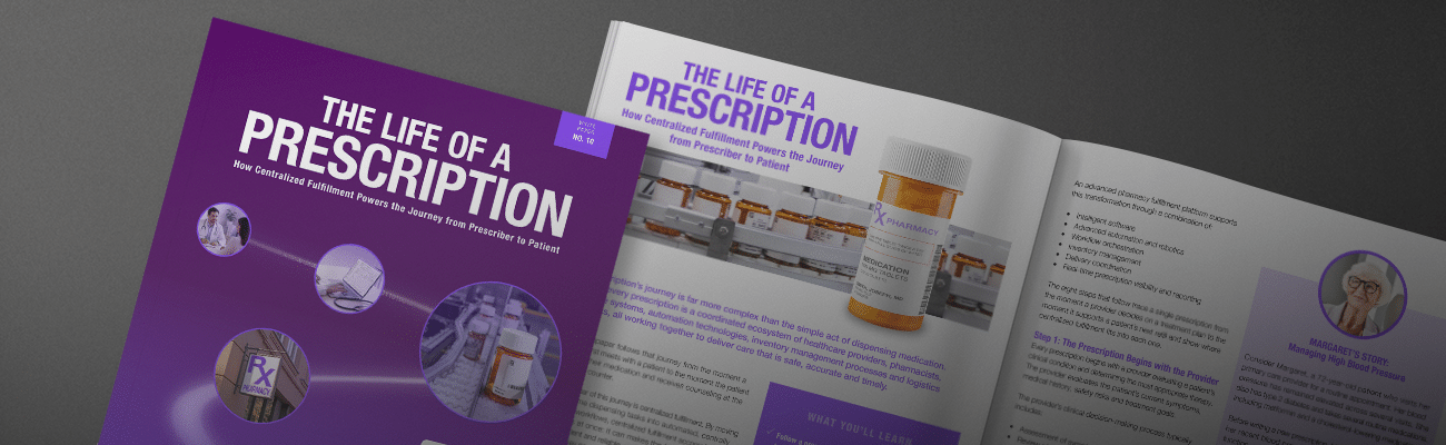 The Life of a Prescription Guide Purple brochure titled 'The Life of a Prescription' shown as a folded cover and an open spread with text and a pill bottle gr