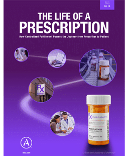 The Life of a Prescription Booklet Purple cover of 'The Life of a Prescription' booklet with icons of pharmacy fulfillment and a prescription bottle