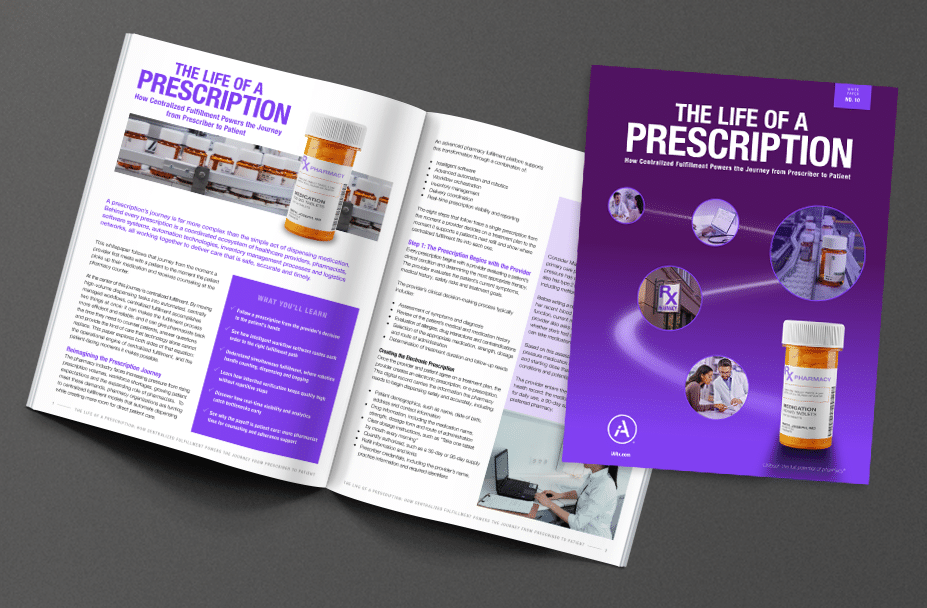 Open brochure and purple cover titled 'The Life of a Prescription' showing a pill bottle and pharmacy workflow icons